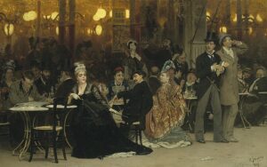 19th Century men and women sitting at a city cafe