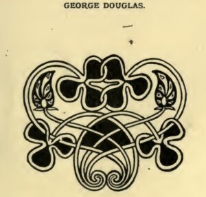 Ink drawing of four three-petalled flowers in a Celtic knot with two leaves. The name of the author is above. 