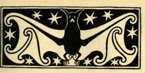 Black and white ink drawing of a bat in a rectangular square, with white stars surrounding its wings.